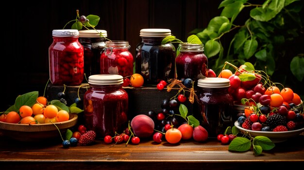 Various jams in jars with berries and fruits Selective focus Food