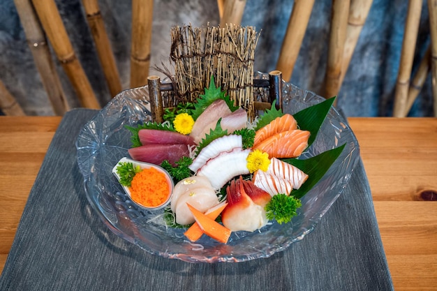 Various japanese fresh sashimi fish and seafood set