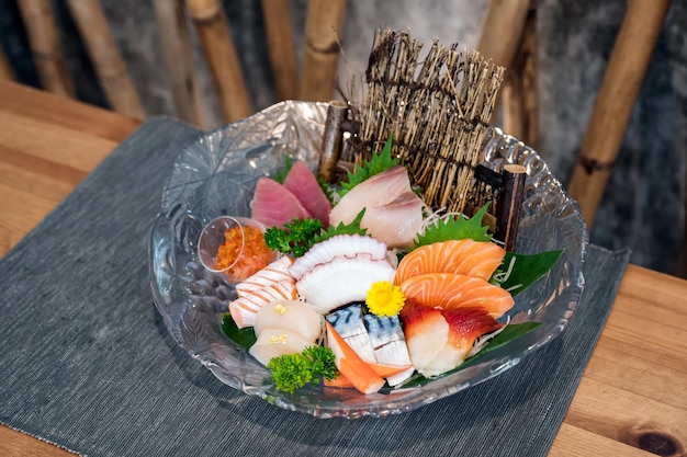 Photo various japanese fresh sashimi fish and seafood set