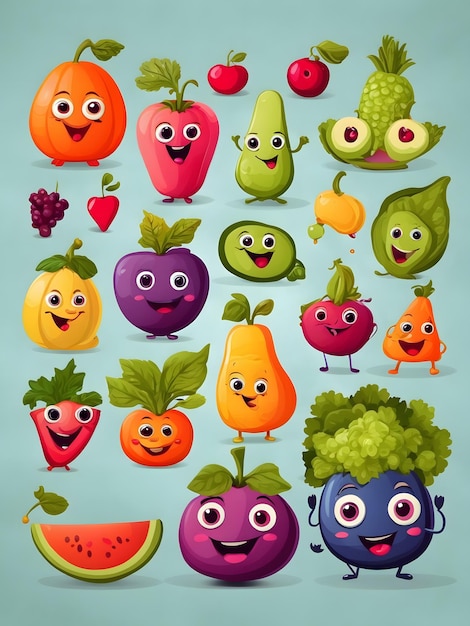 Various joyful Fruits and Vegetable with eyes Cute funny characters