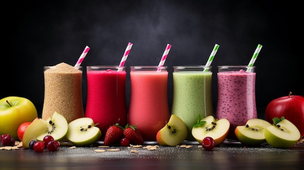 Various juices with fresh fruit Healthy colorful smoothies on wooden table