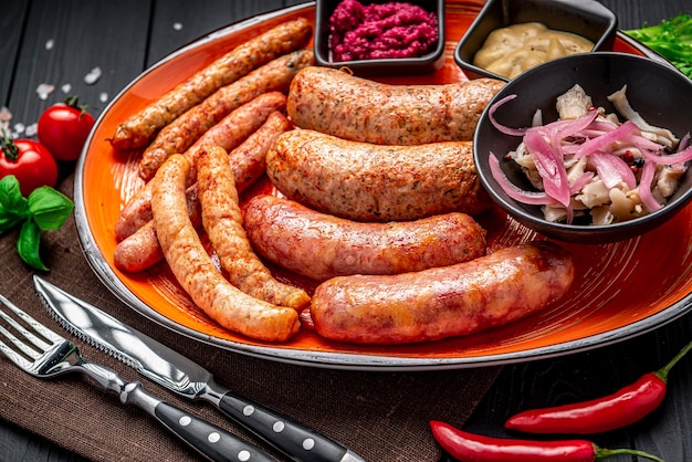 Various kind of grilled sausages on a plate