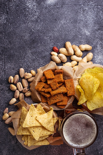 Various kind of snack to beer. Selective focus