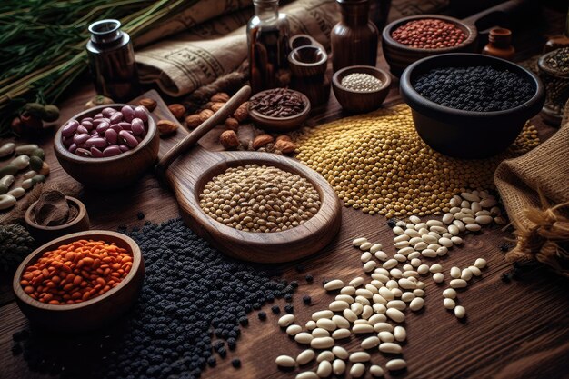 various kinds of beans and seeds on a wooden table