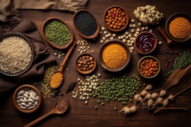 various kinds of beans and seeds on a wooden table