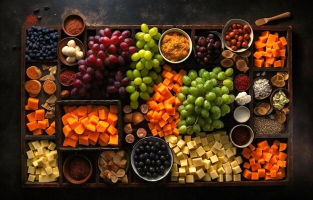 Foto vari tipi di formaggio, uva, patate e altri ingredienti