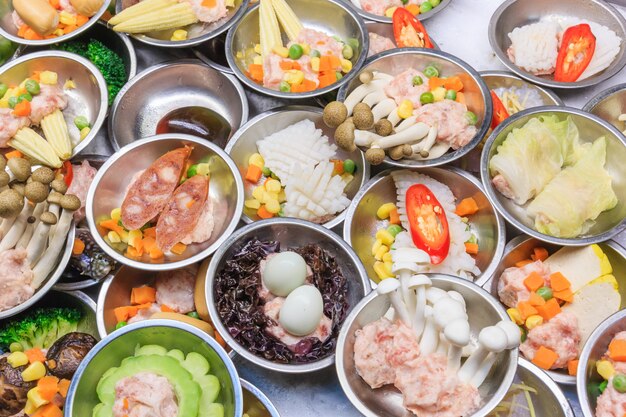 Various kinds of dim sum including dumplings, traditional chinese food. 