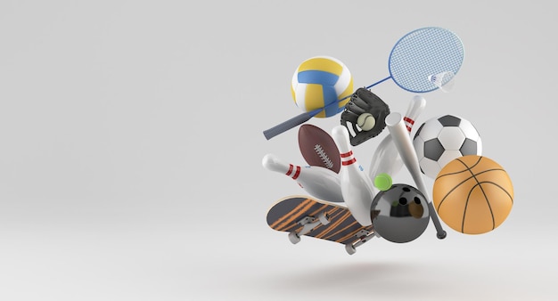 Photo various kinds of sports equipment in 3d