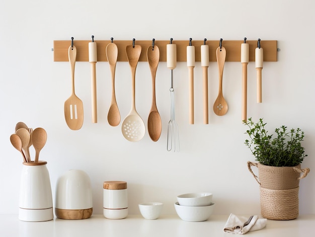 Various kitchen utensils in the white kitchengenerate ai