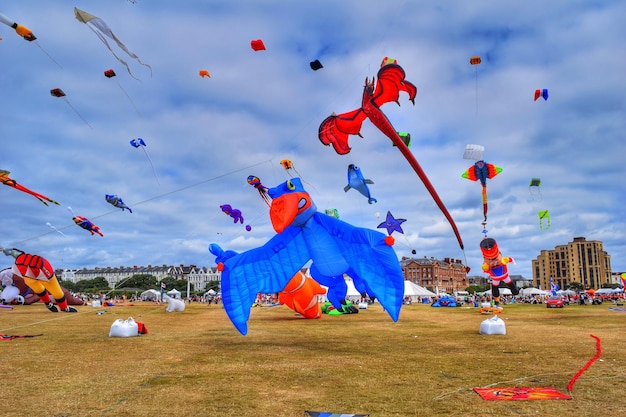 various kites at ground during festival against cloudy sky