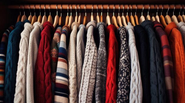 Various knit sweaters neatly displayed in closet providing cozy fashion choices