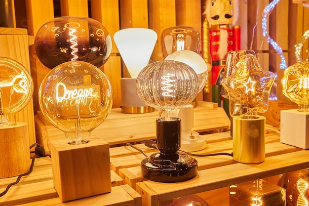 Various of lamp in showcase night light with inscription