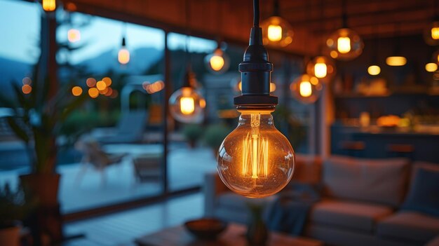Foto varie lampadine led appese in una stanza moderna