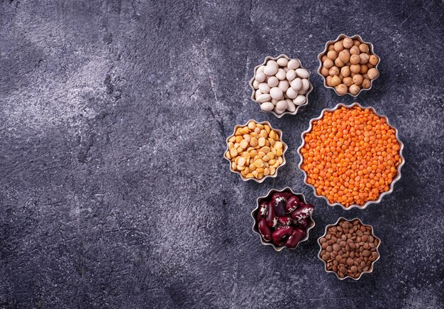 Various legumes. Chickpeas, red lentils, black lentils, yellow peas and beans