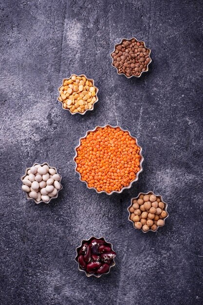 Various legumes. Chickpeas, red lentils, black lentils, yellow peas and beans