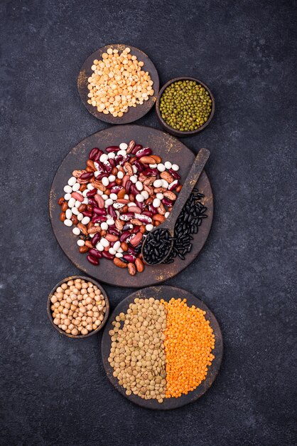 Various legumes. Lentils, different beans, dried pea, chickpea, and mung bean