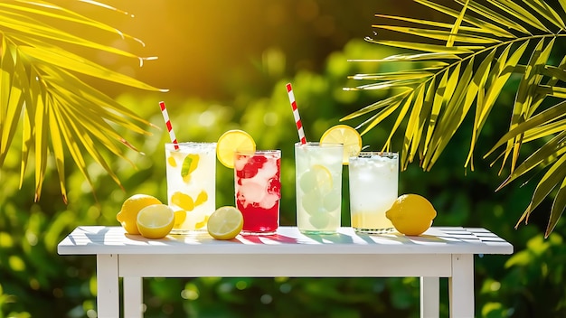 Various lemonade drink over green background white table with sunlight and palm leaf hard shadow summer tropical and juicy concept