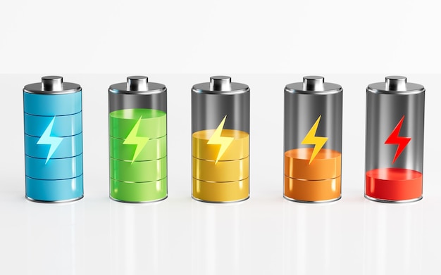 Various level energy alkaline batteries 3d rendering