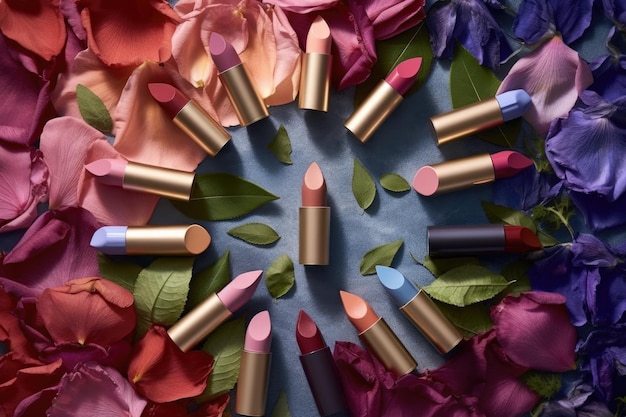Various lipsticks with flower petals and leaves created with generative ai