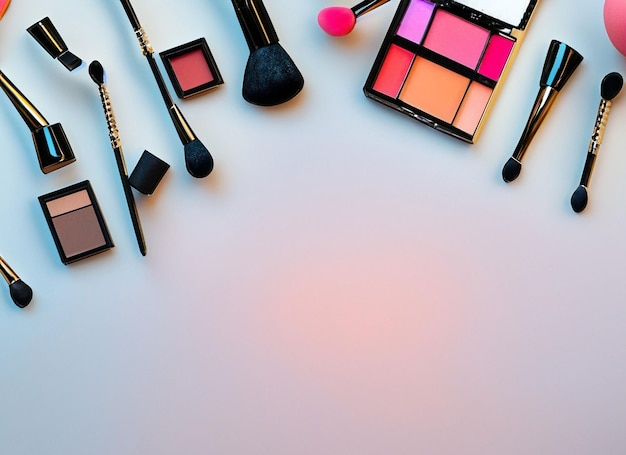 Various makeup products on beautiful background with copyspace
