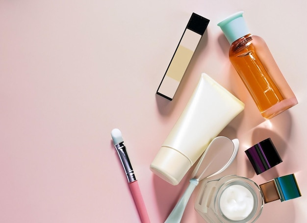 Photo various makeup products on beautiful background with copyspace