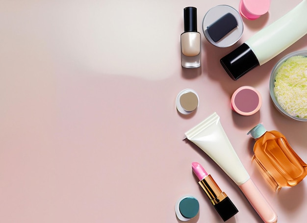 Various makeup products on beautiful background with copyspace