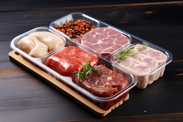 Various meat products in plastic tray container with cellophane cover