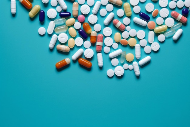 various medicine and pills on light blue background generative AI