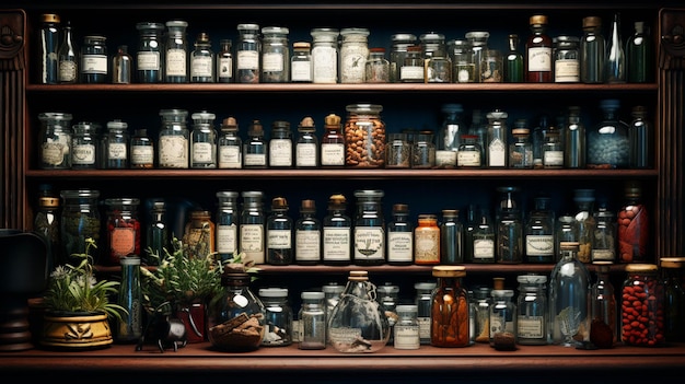 Photo various medicines 0n the pharmacy shelf in the storage