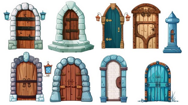 Photo various medieval wooden doors isolated on white background modern cartoon illustration of historical building design elements stone porch arch doorway with locked gate iron doorknob old