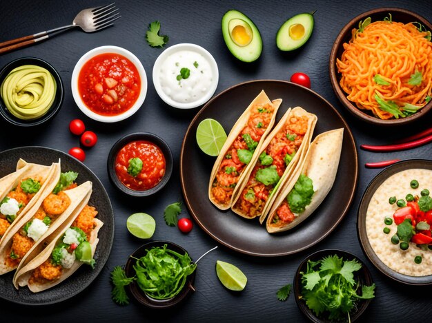 Photo various mexican food on dark background