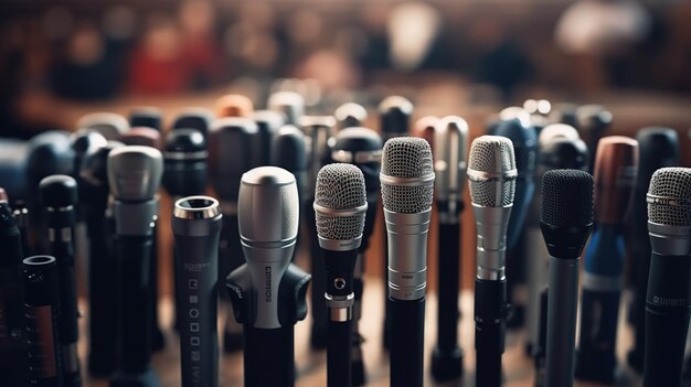 Photo various microphones aligned at press conference