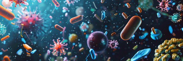 Photo various microscopic bacteria and microbes appear to float against a scientific backdrop