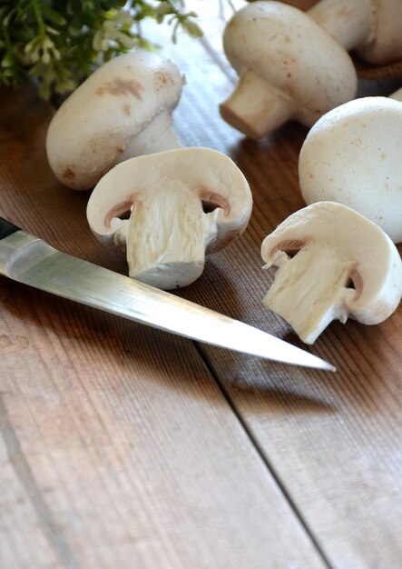 VARIOUS MUSHROOMS placed on a wooden table and a burlap sack