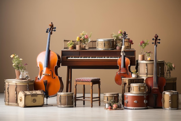 Various Musical Instruments Surrounding Piano