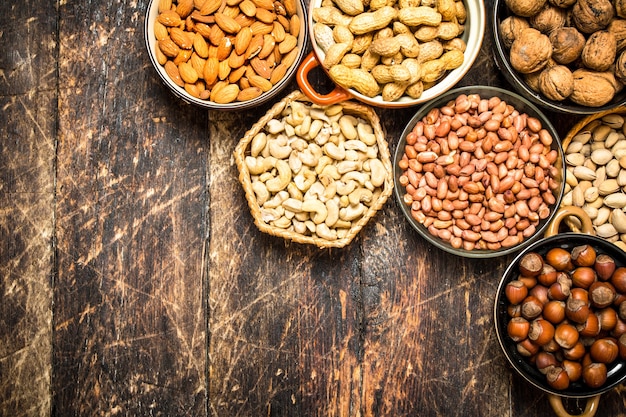 Various nuts in bowls.