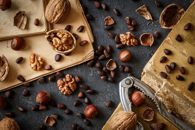 Various nuts on stone table. Top view, Flat lay