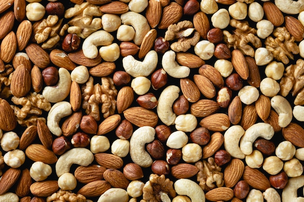 Various nuts texture. Healthy food. Top view.