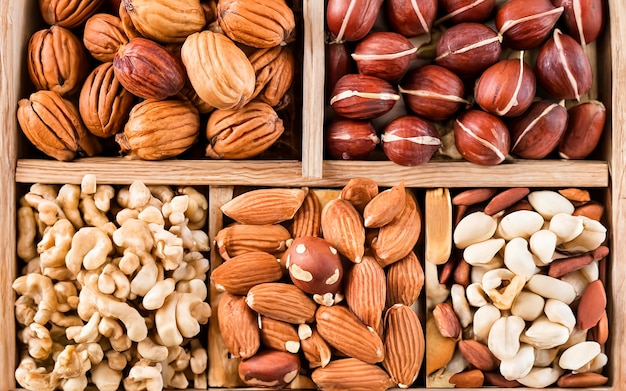 Various nuts in wooden box