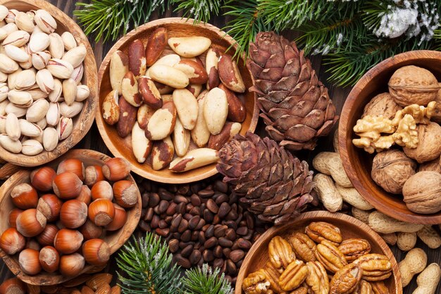 Various nuts on wooden table