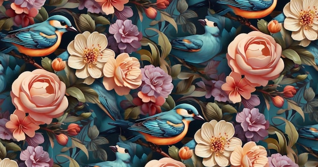 写真 鳥に囲まれた様々な花のシームレスな背景デザイン