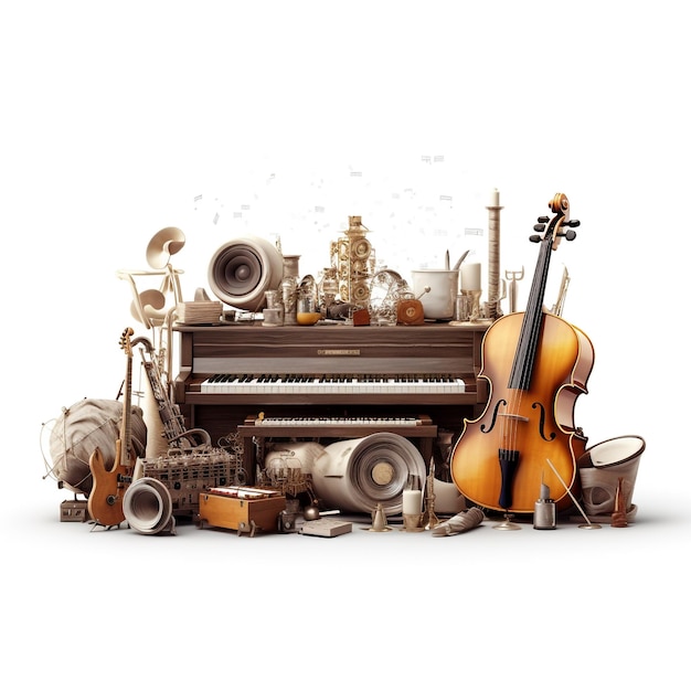 Photo various old musical instruments on a white background 3d