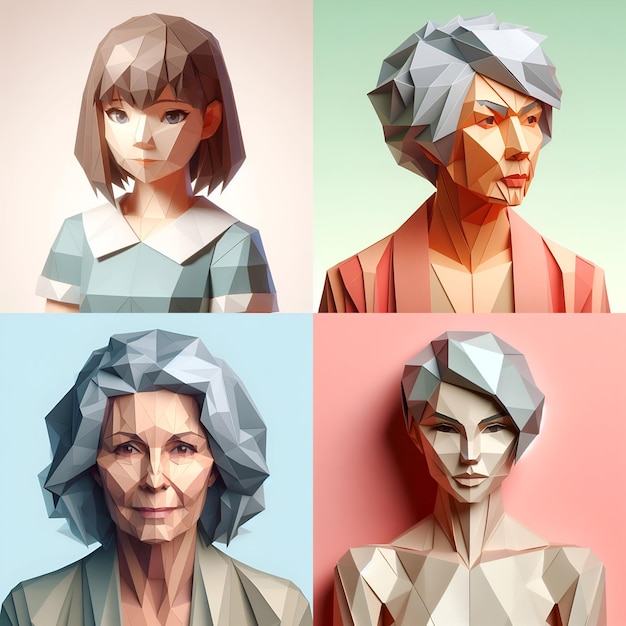 Фото Различные портреты женщин из оригами разных возрастов и цветов