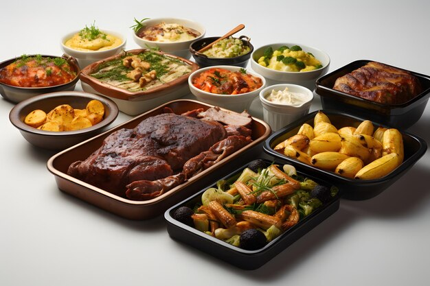 Various oven baked foods meats and vegetables in bowls and trays