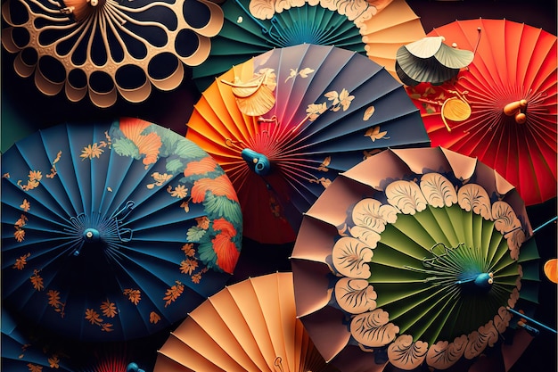 Various overlapping chinese umbrellas top view background created with generative ai