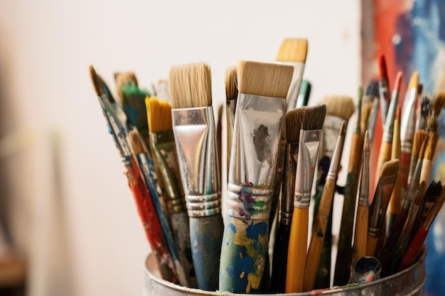 various paintbrushes used in an art studio It captures the process of artists using brushes to crea