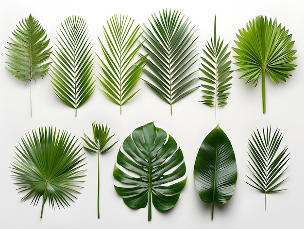 Various palm leaves plants and trees on a white background