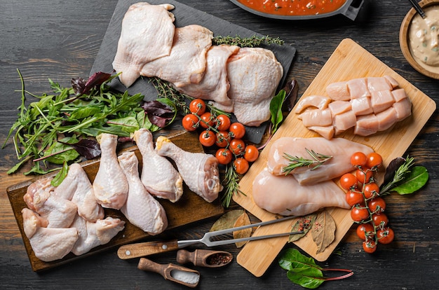 Photo various parts of chicken cut up and ready for cooking