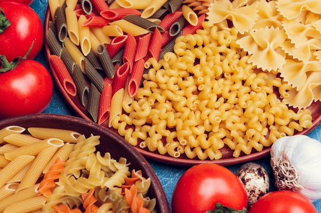 various pasta close-up, top view