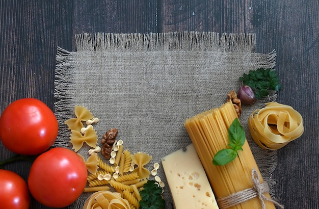 Various pasta Cooking concept Top view